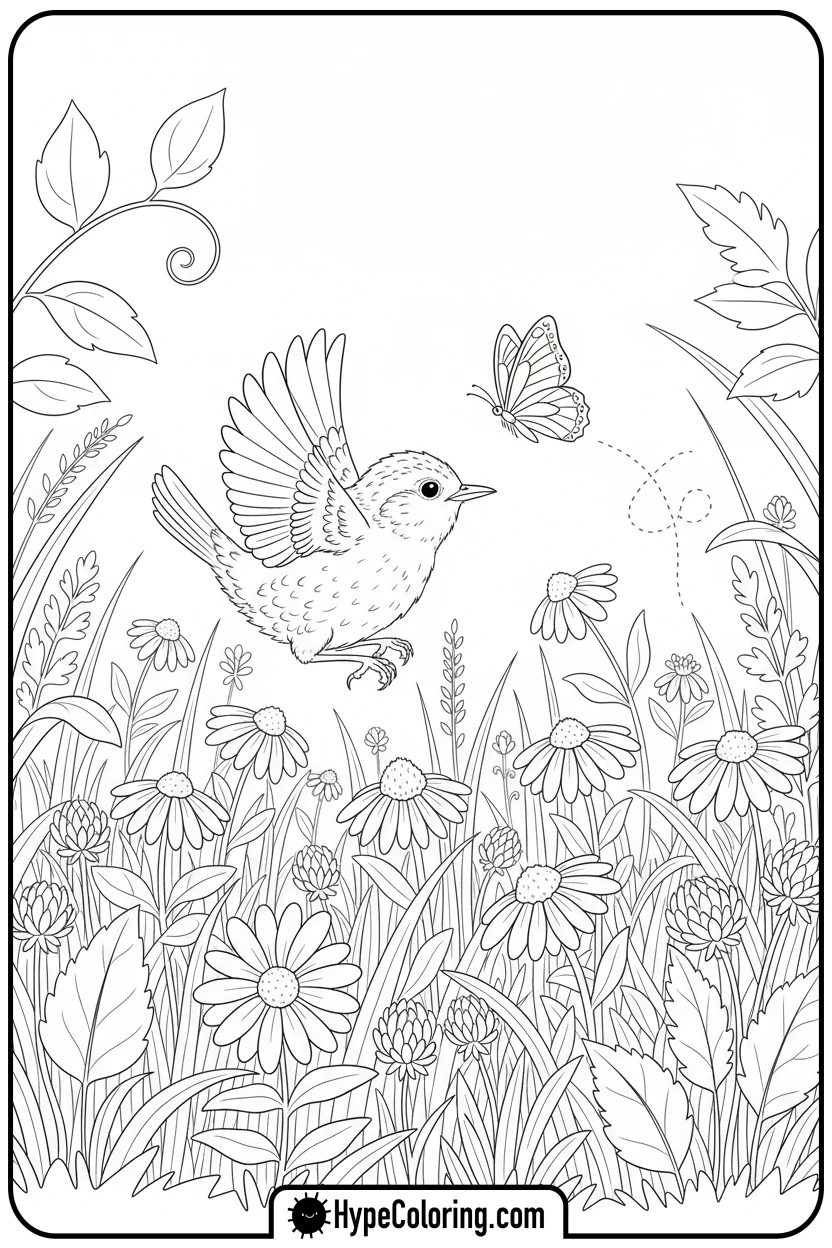Click to download PDF wren-chasing-butterfly - birds coloring page