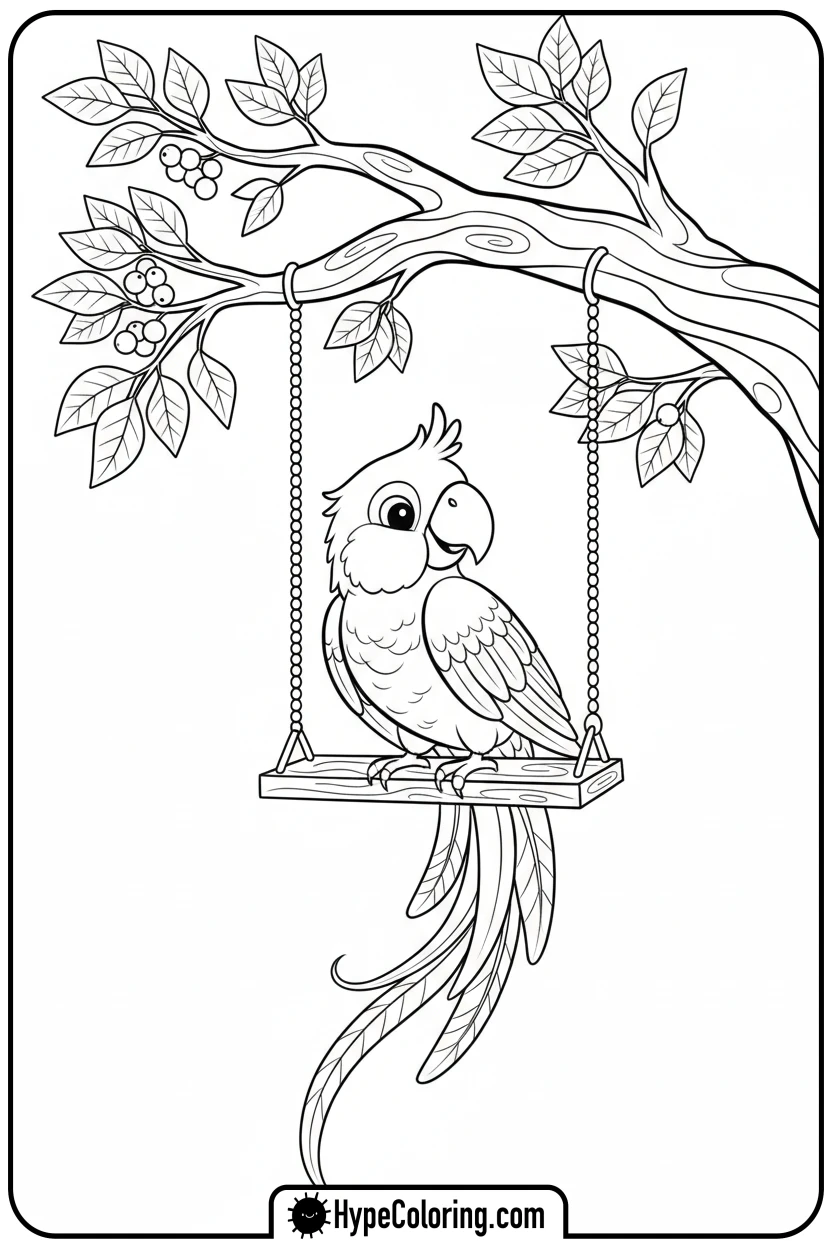 Click to download PDF parrot-on-swing - birds coloring page