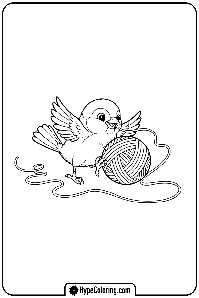 Click to download PDF sparrow-playing-with-yarn - birds coloring page