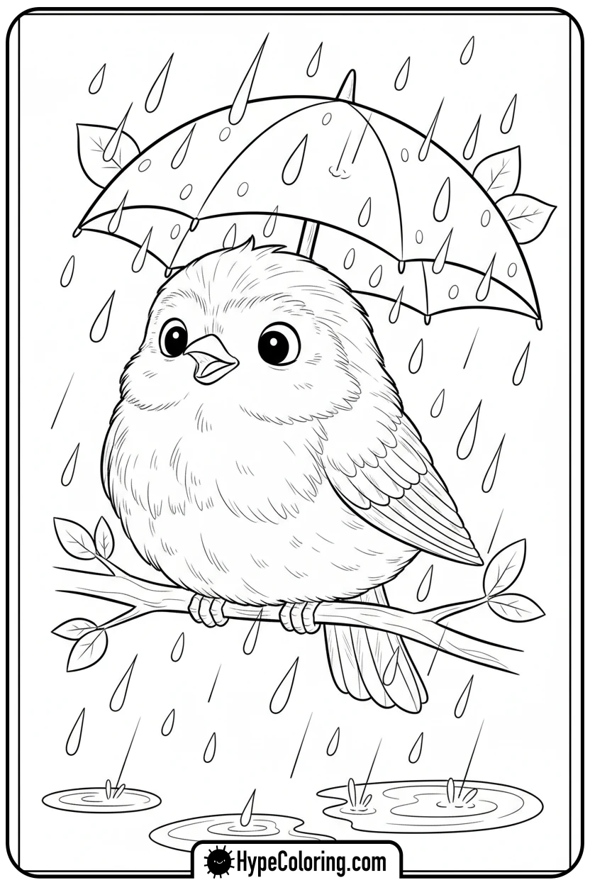 Click to download PDF robin-under-umbrella - birds coloring page