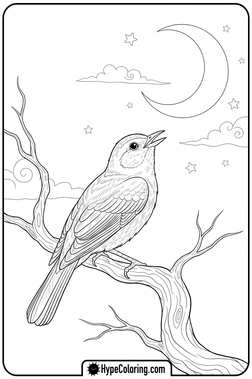 Click to download PDF nightingale-gazing-at-moon - birds coloring page