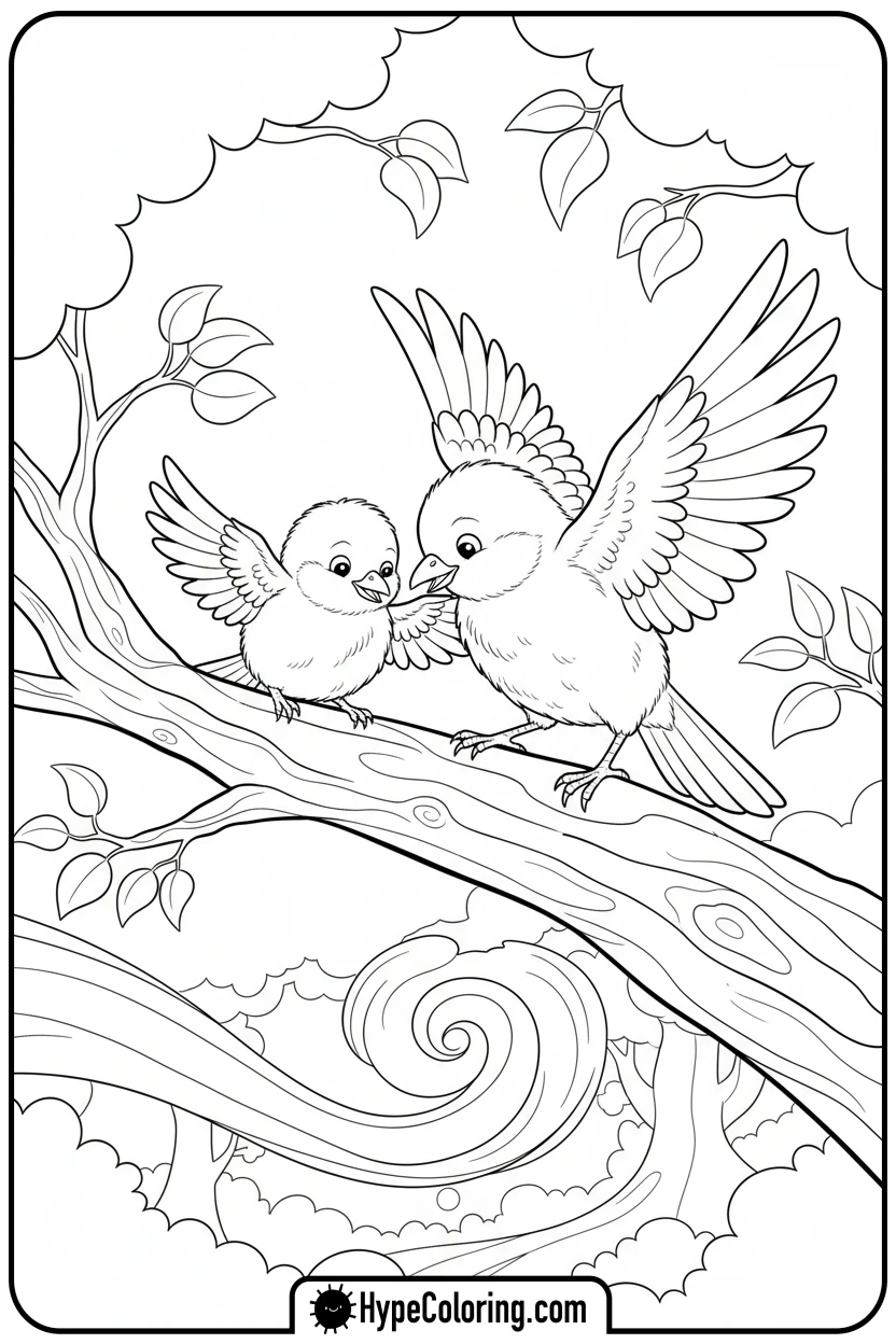 Click to download PDF parent-bird-teaching-flight - birds coloring page