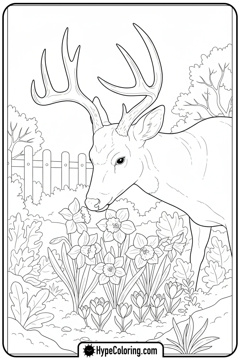 buck-sniffing-spring-flowers - buck coloring pages