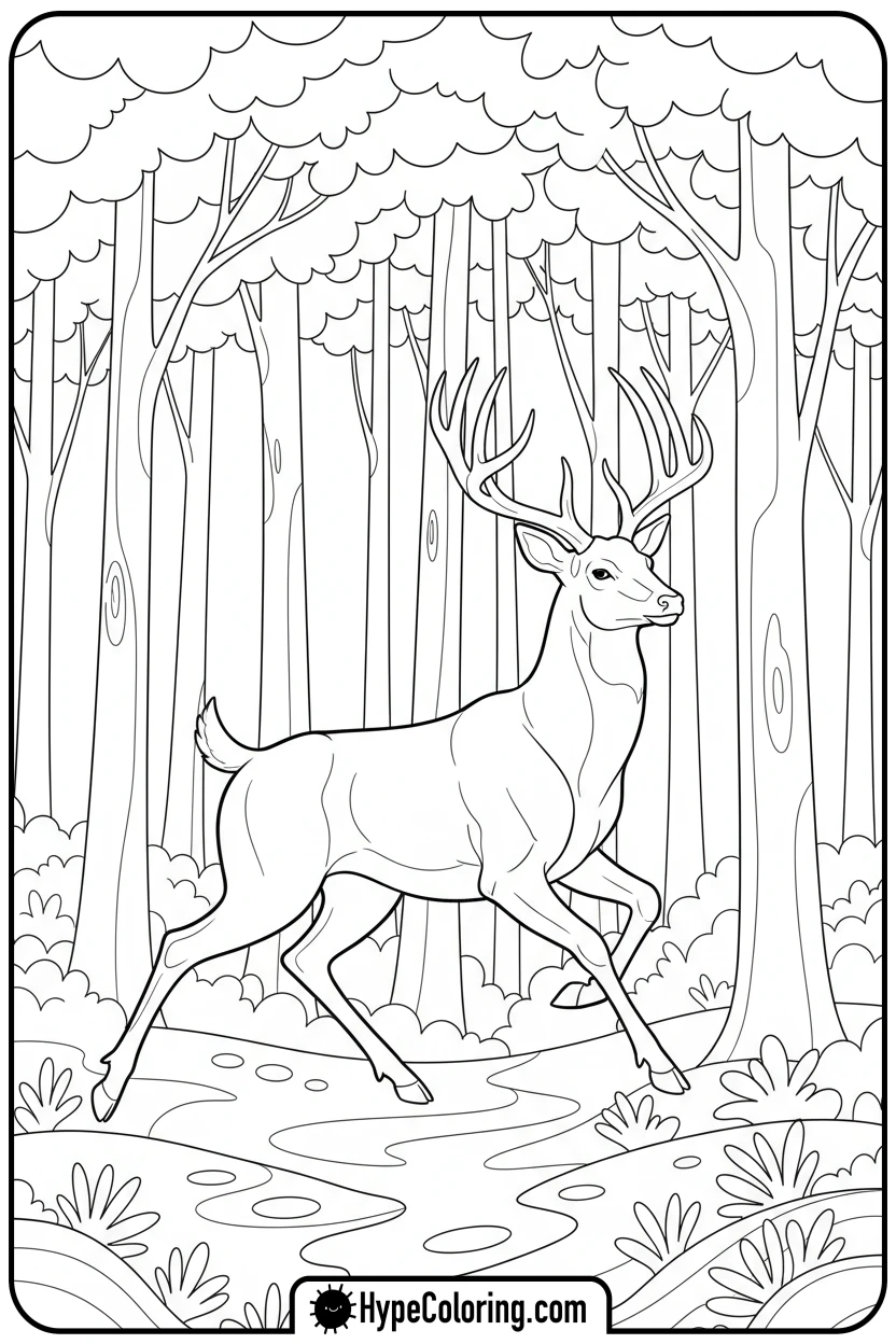 buck-running-through-forest - buck coloring pages