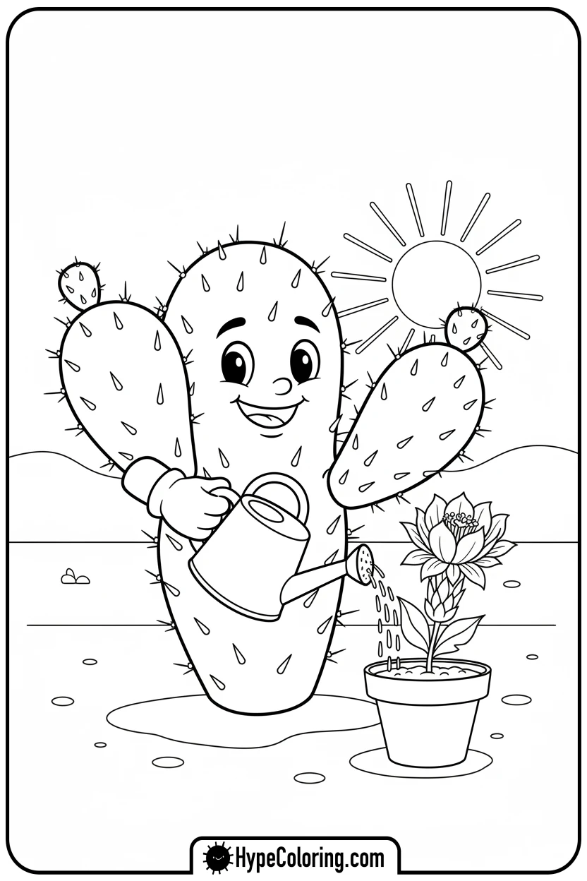 prickly-pear-watering-flower - cactus coloring page