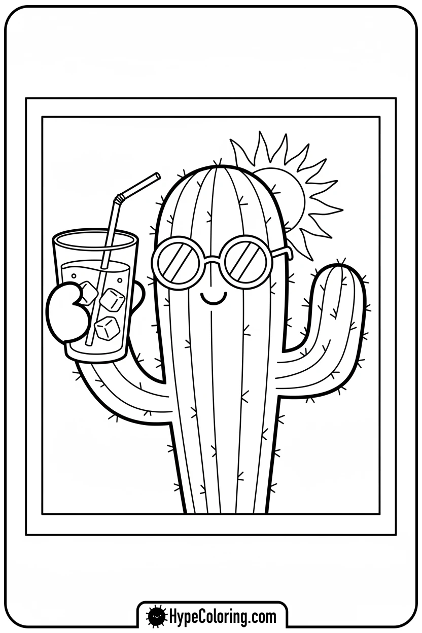 saguaro-cactus-drinking-lemonade - cactus coloring page