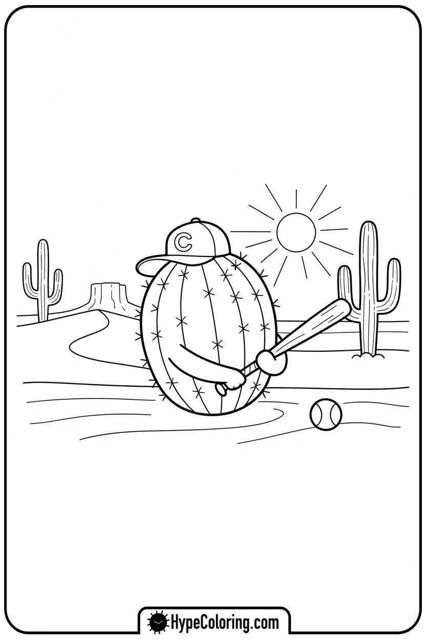 barrel-cactus-playing-baseball - cactus coloring page