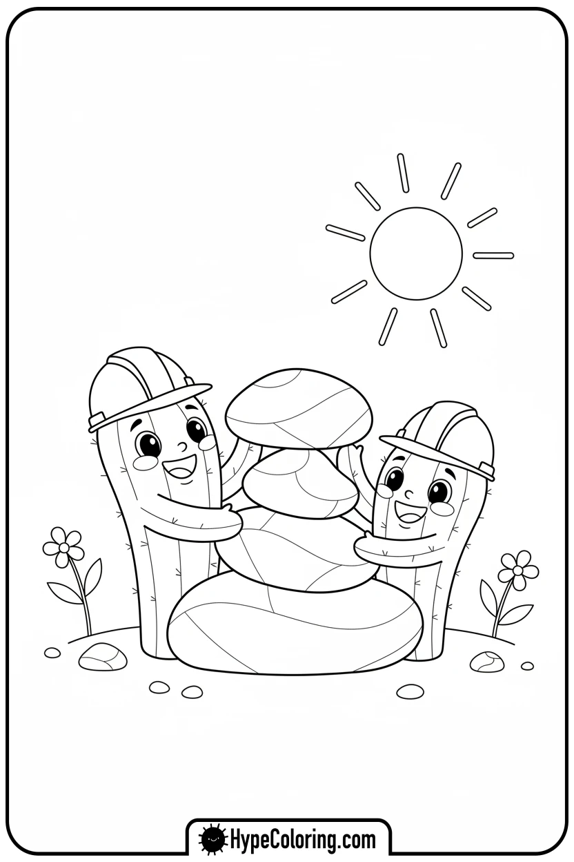 cacti-building-rock-tower - cactus coloring page
