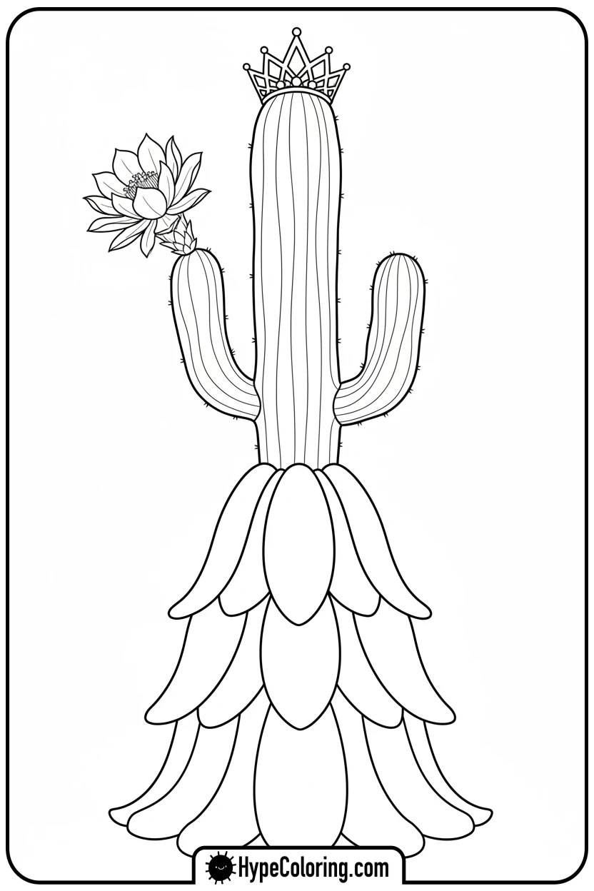 fashionable-cactus-with-tiara - cactus coloring page
