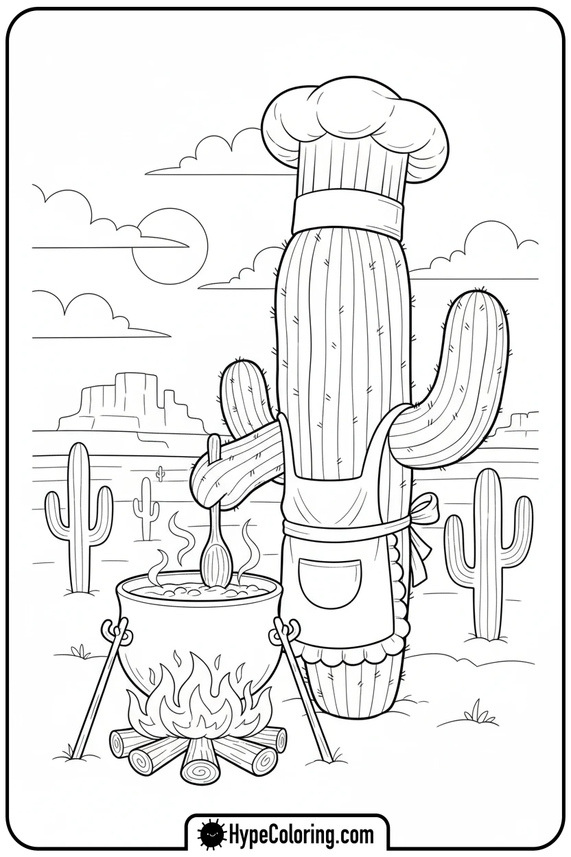 chef-saguaro-cactus-cooking - cactus coloring page