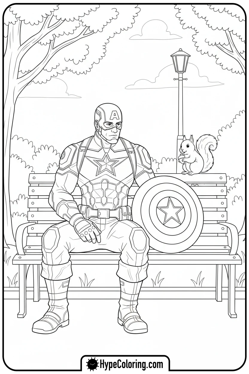 cap-sitting-on-park-bench - captain america coloring book pages