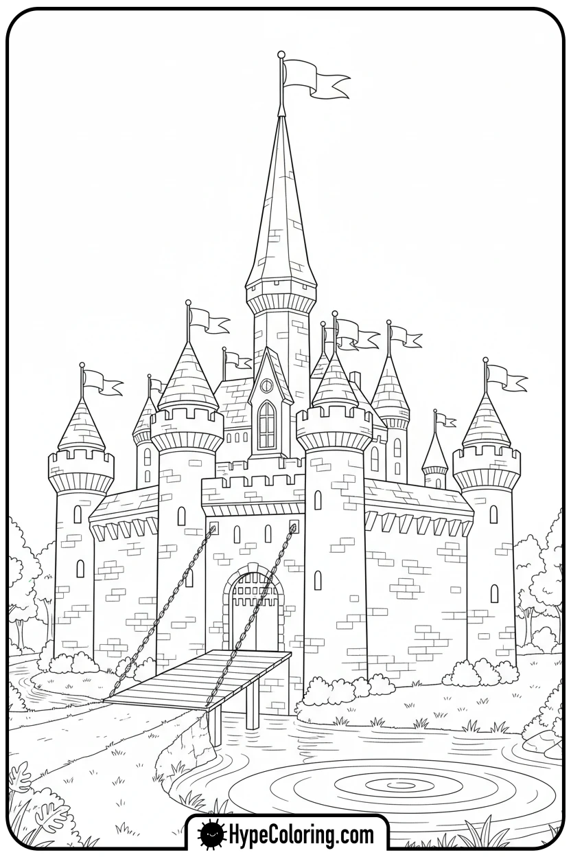 fairytale-castle-with-moat - castle color pages