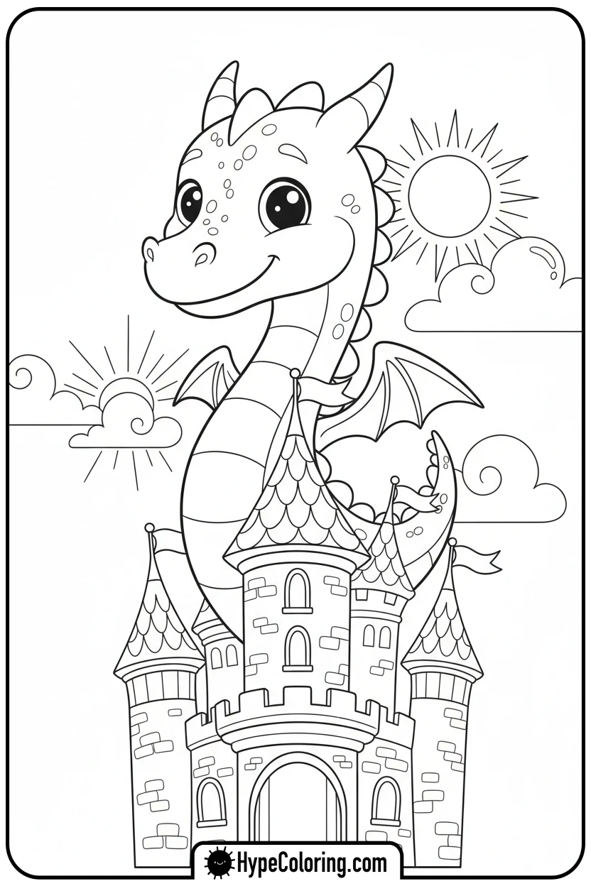 friendly-dragon-peeking-at-castle - castle color pages