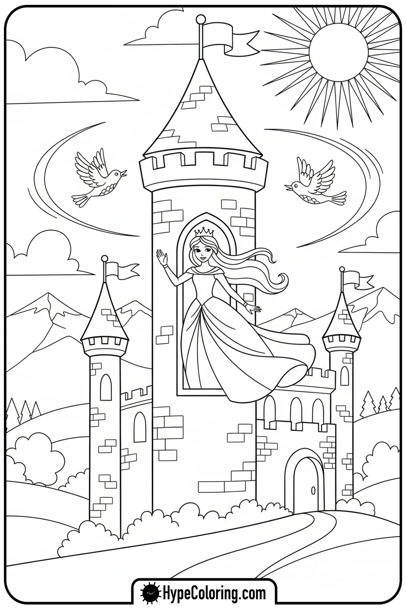 princess-waving-from-castle-window - castle color pages