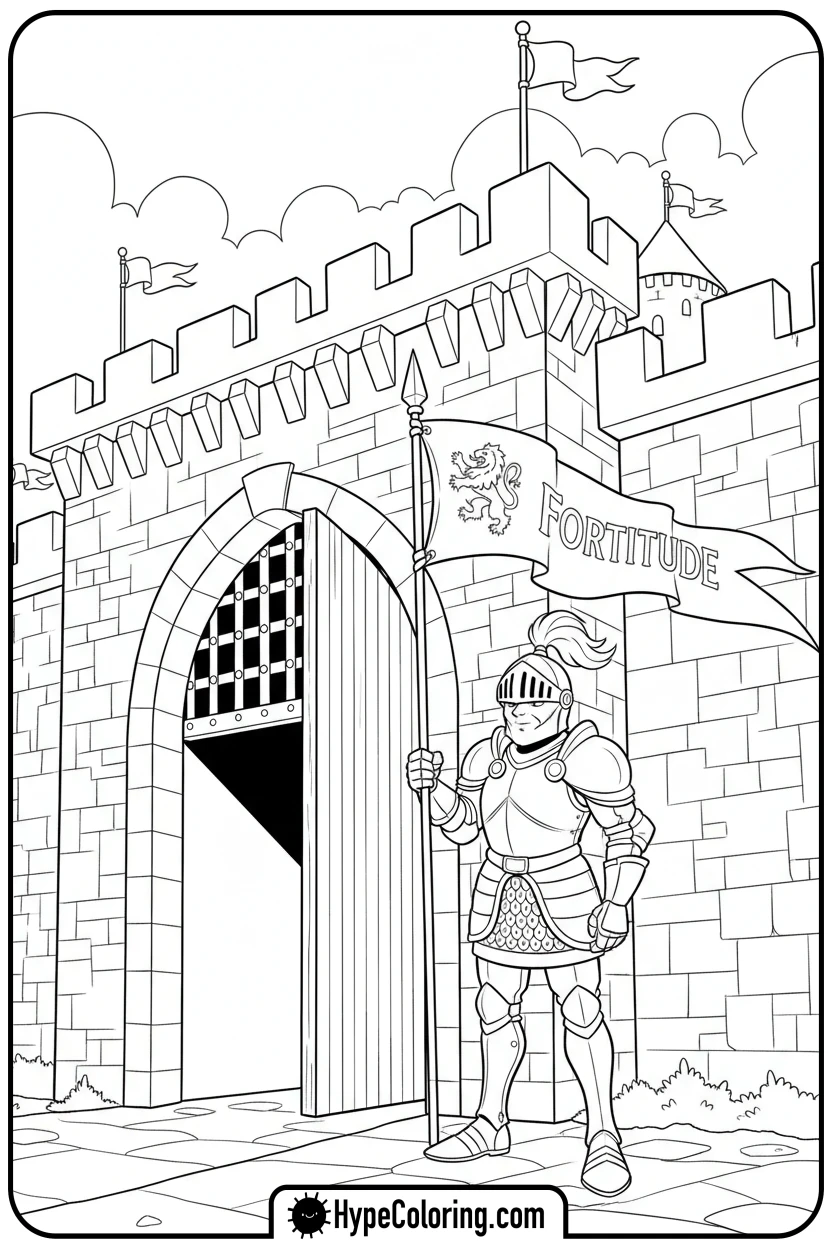 knight-with-banner-at-castle-gate - castle color pages