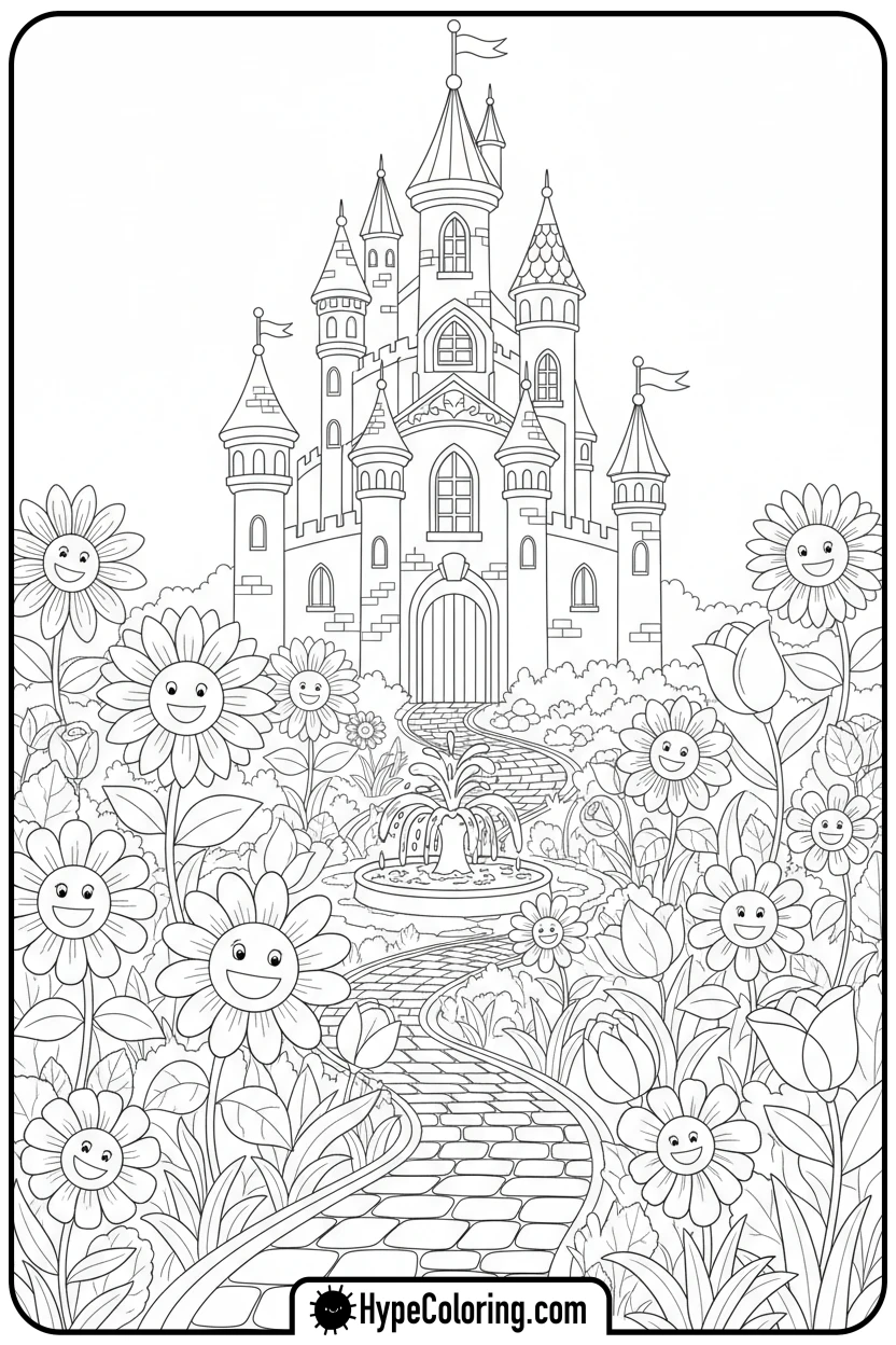 castle-with-flower-garden-and-fountain - castle color pages