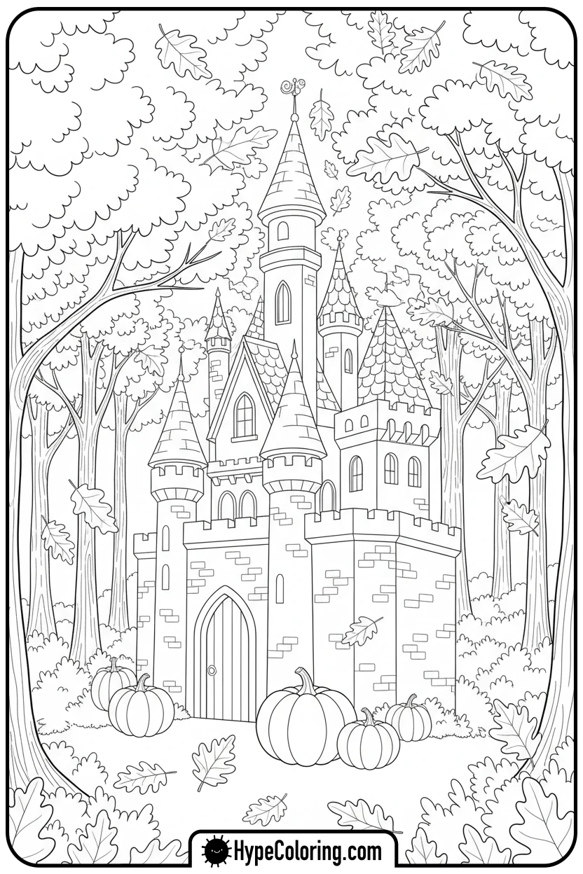 autumn-castle-with-leaves-and-pumpkins - castle color pages