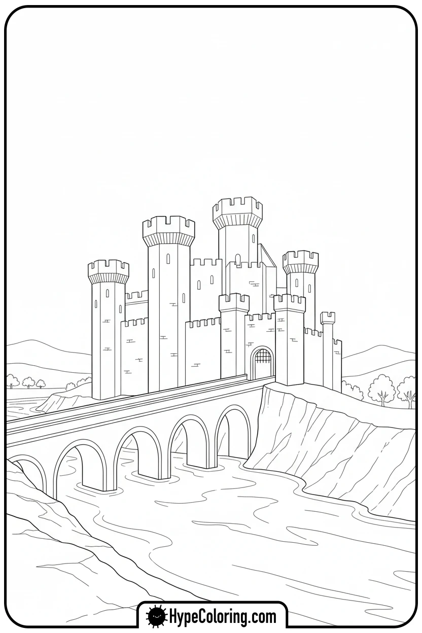 castle-with-arched-river-bridge - castle color pages