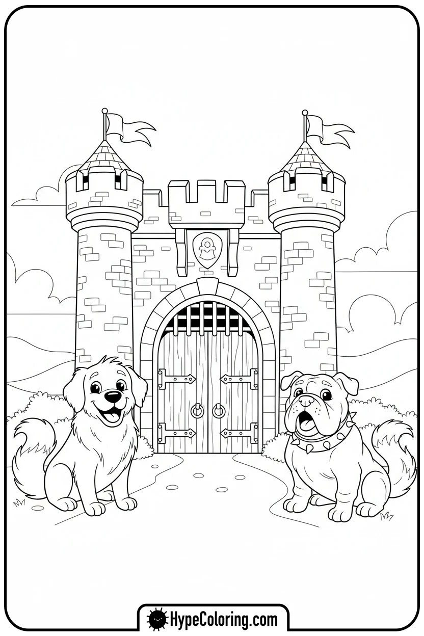 friendly-guard-dogs-at-castle-gate - castle color pages