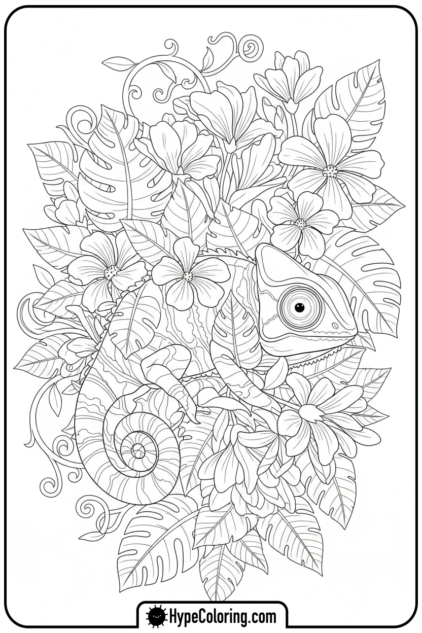 chameleon-hiding-in-leaves - chameleon coloring page