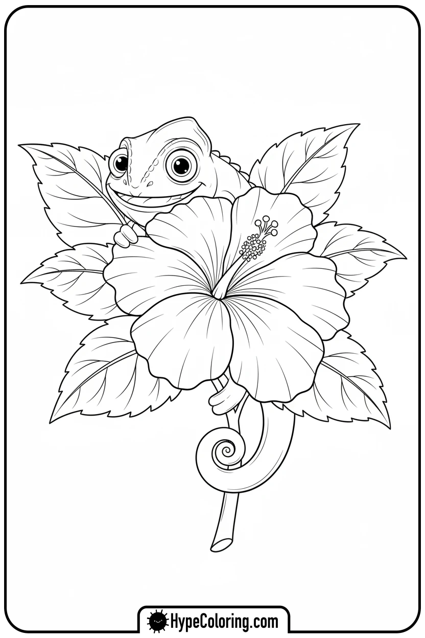 chameleon-peeking-from-hibiscus - chameleon coloring page
