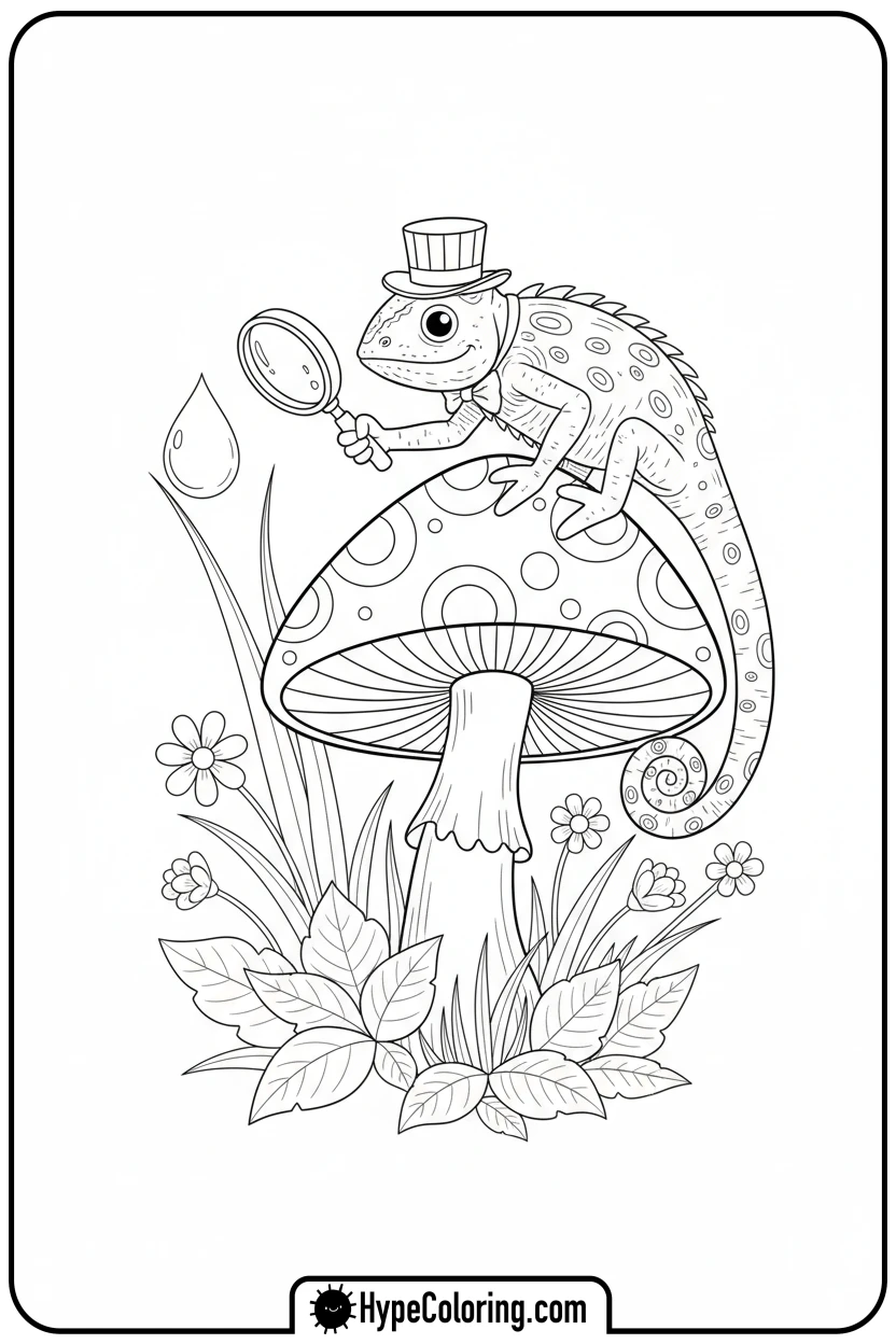 chameleon-with-hat-and-magnifying-glass - chameleon coloring page