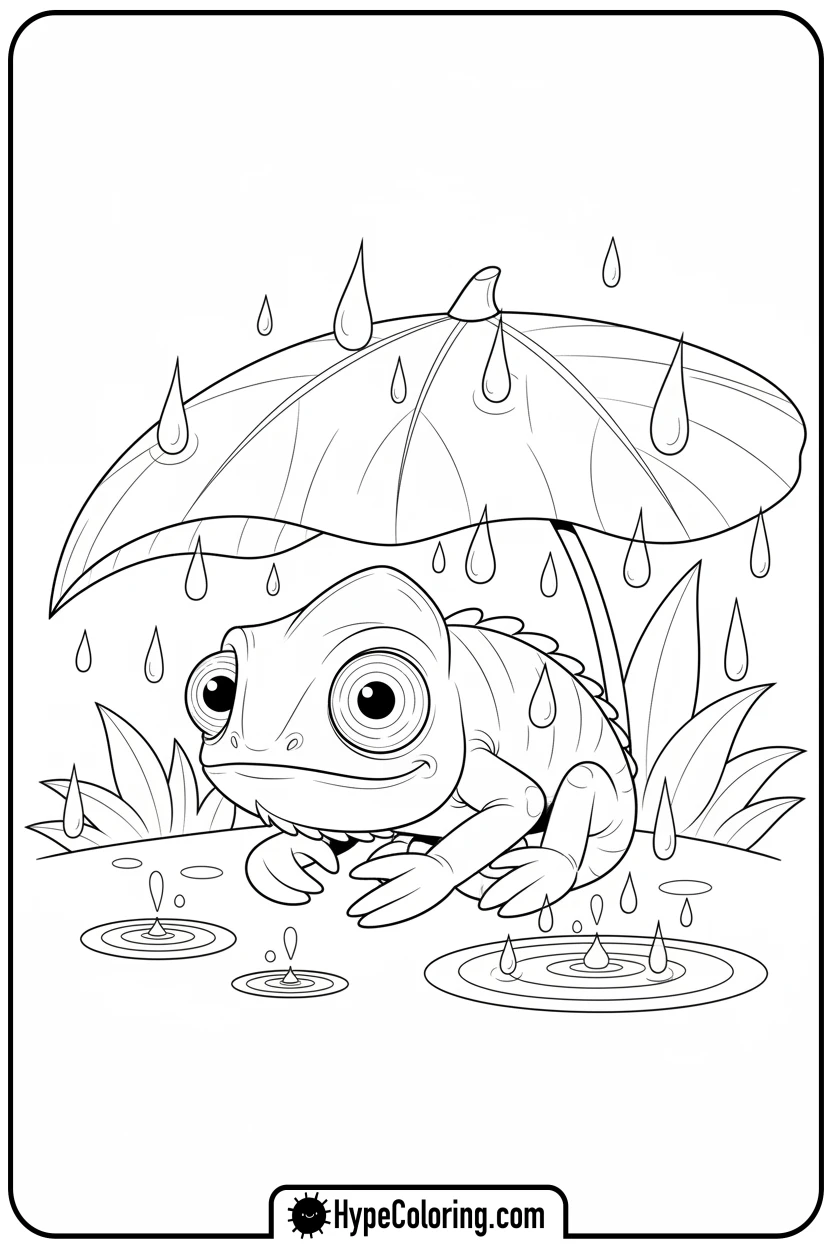 chameleon-under-leaf-in-rain - chameleon coloring page
