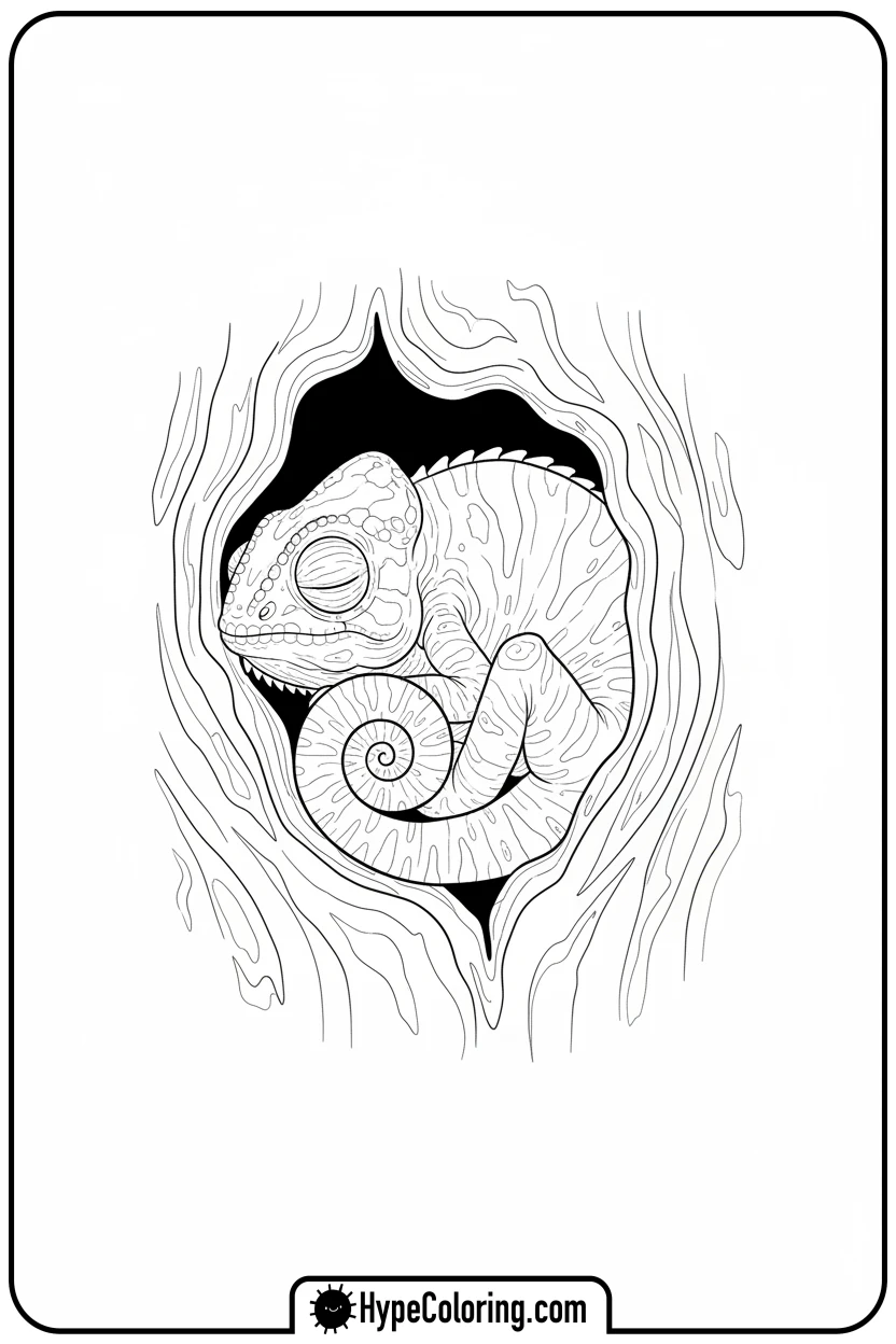 chameleon-sleeping-in-tree-hollow - chameleon coloring page