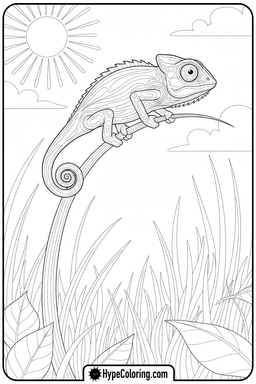 chameleon-balancing-on-grass-blade - chameleon coloring page