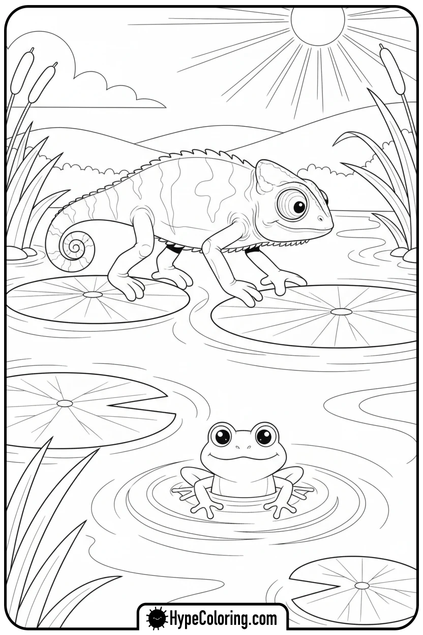 chameleon-on-lily-pads-with-frog - chameleon coloring page