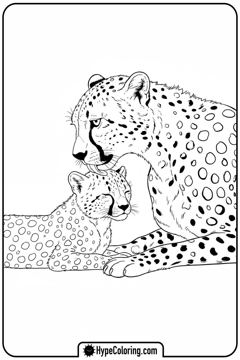 mother-cheetah-grooming-cub - cheetah coloring pages