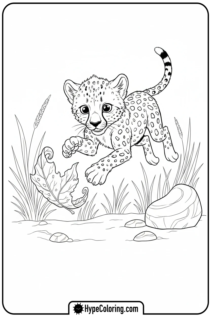 cheetah-cub-pouncing-on-leaf - cheetah coloring pages