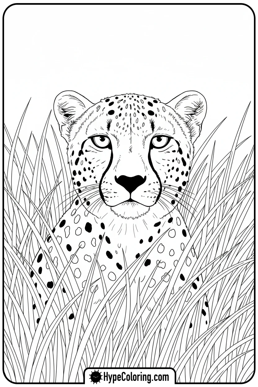 cheetah-peeking-from-grass - cheetah coloring pages