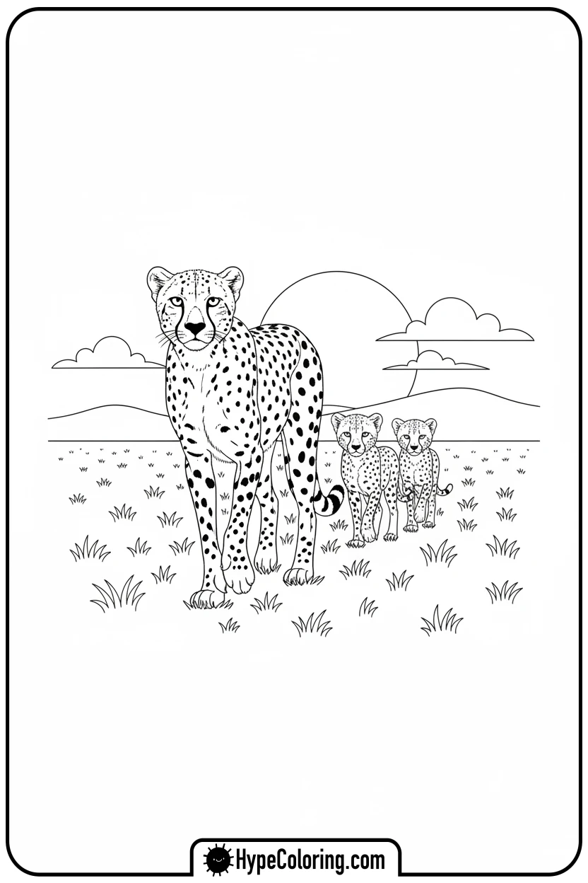 mother-cheetah-walking-with-cubs - cheetah coloring pages