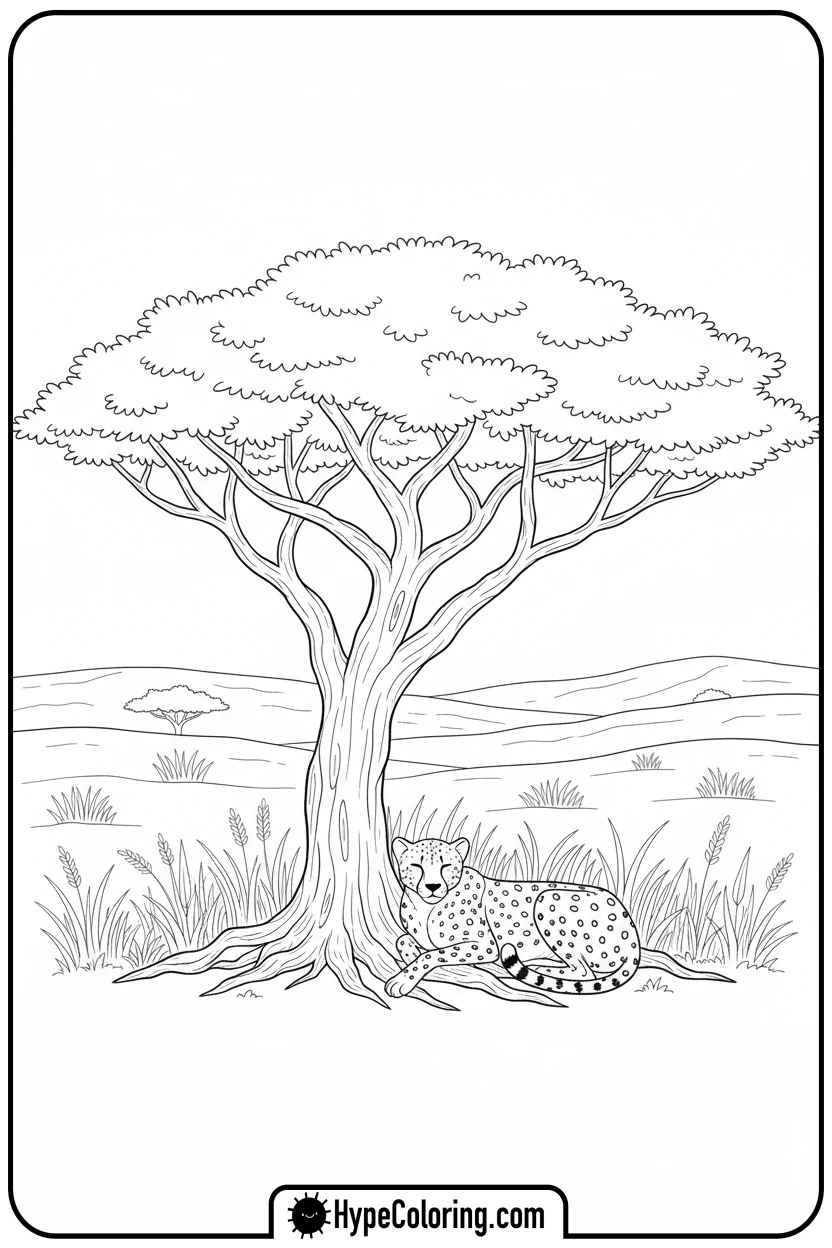 cheetah-curled-around-tree - cheetah coloring pages