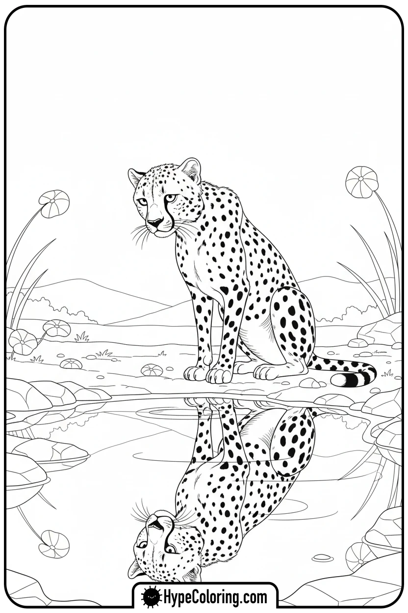 cheetah-looking-at-reflection - cheetah coloring pages