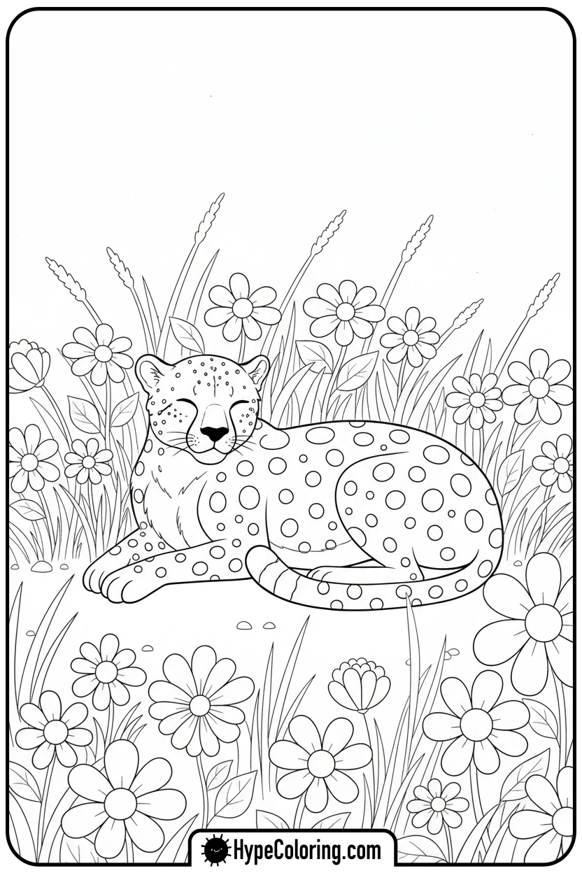 cheetah-lying-in-flower-field - cheetah coloring pages