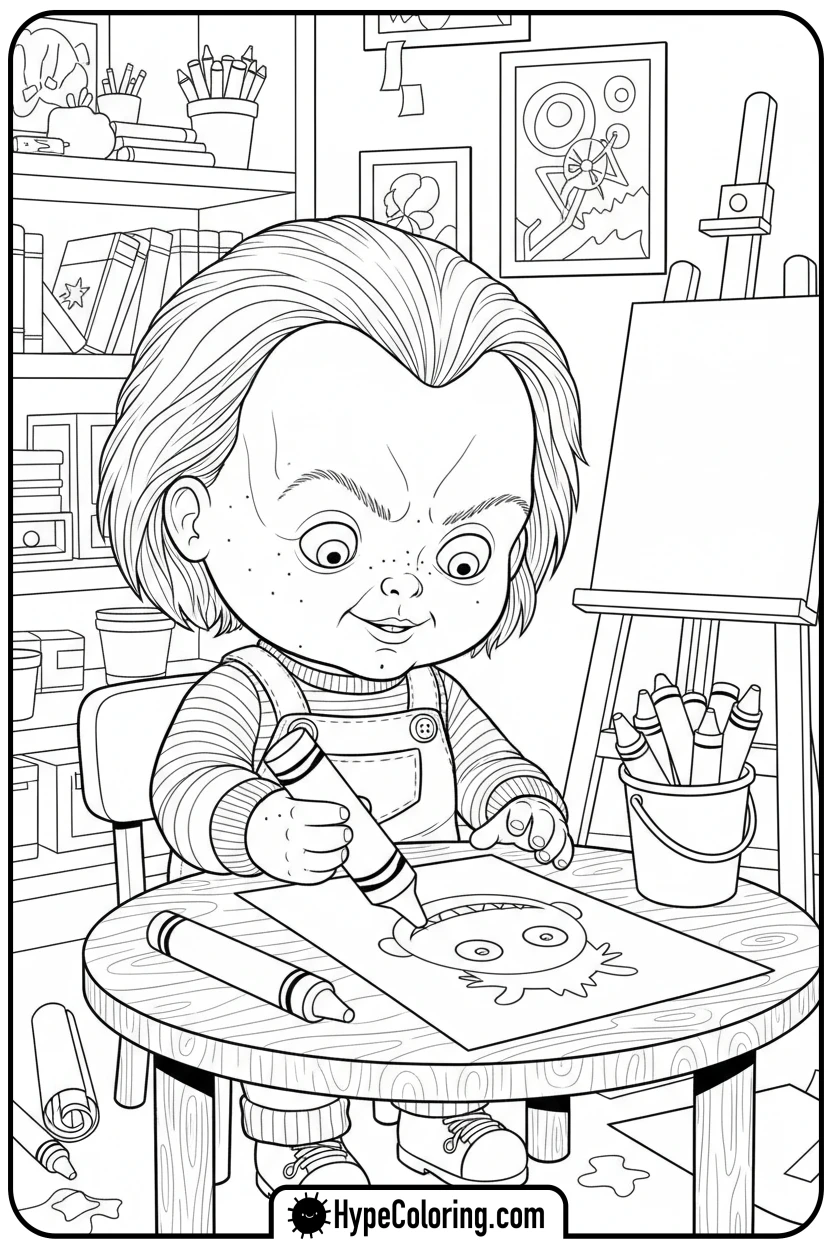 Click to download PDF chucky-drawing-with-crayons - chucky color page