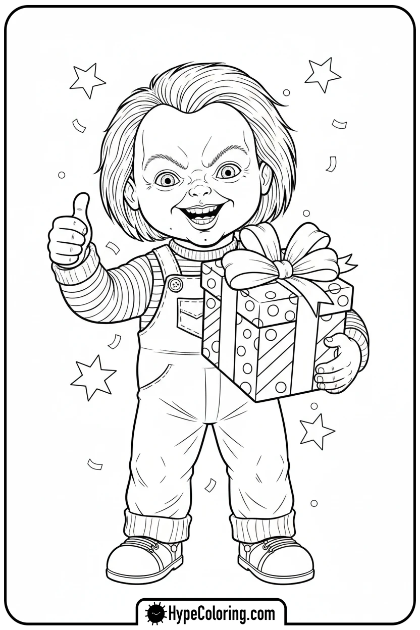 Click to download PDF chucky-with-gift-and-thumbs-up - chucky color page