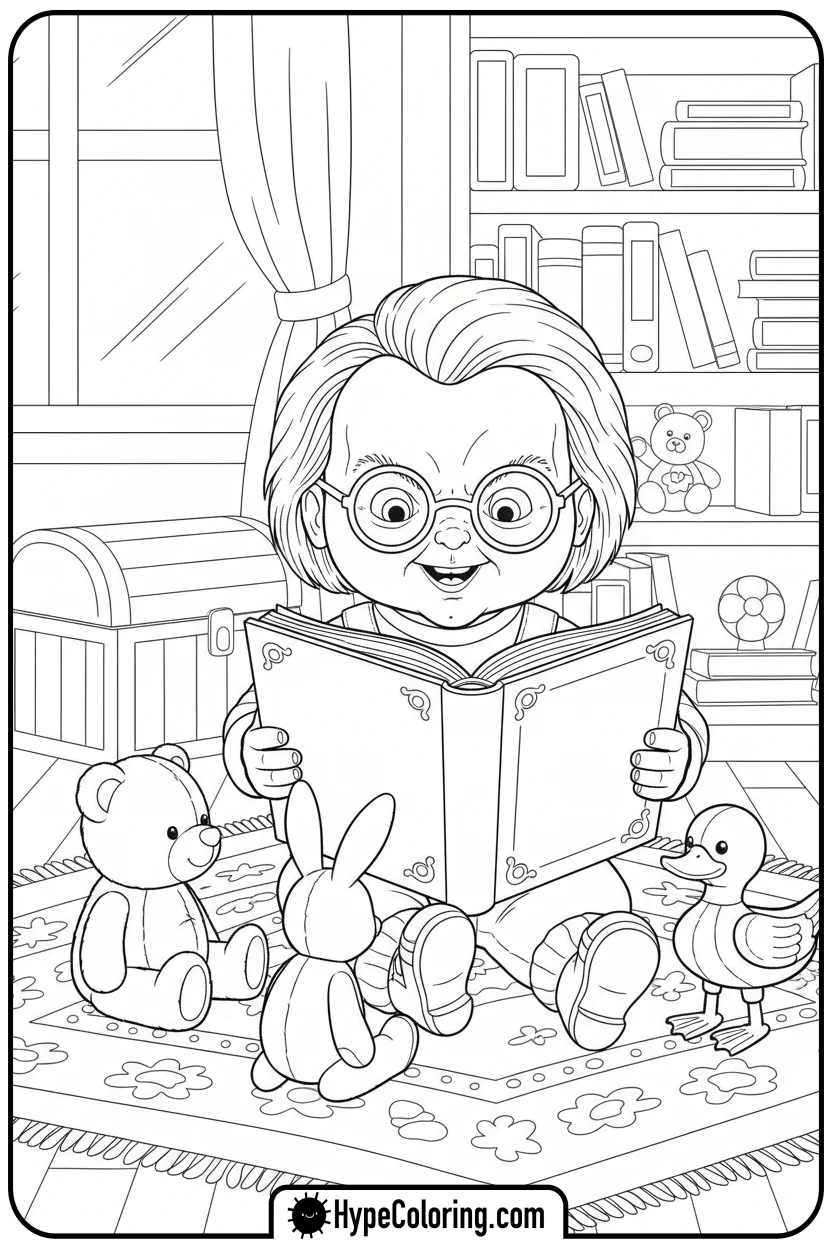Click to download PDF chucky-reading-to-toys - chucky color page