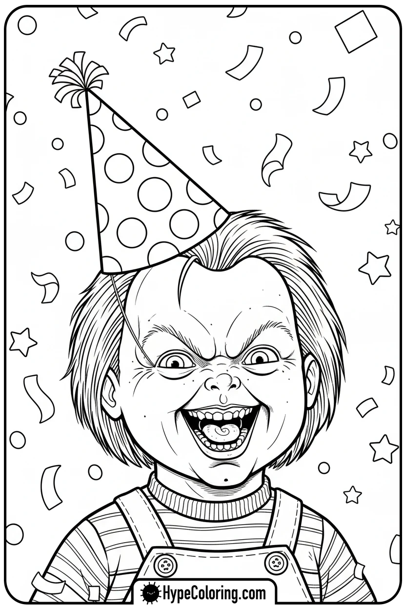 Click to download PDF chucky-with-party-hat-and-confetti - chucky color page