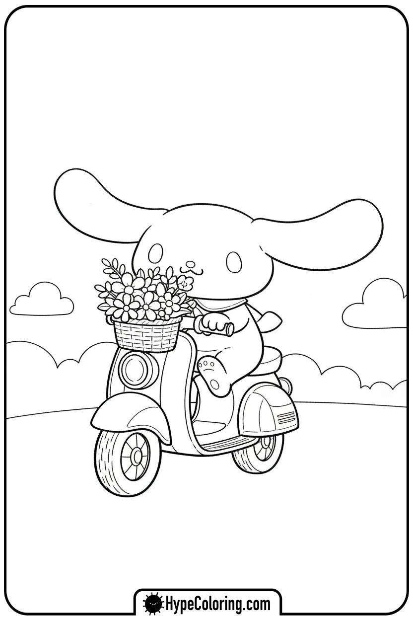 cinnamoroll-riding-scooter - cinnamoroll cute coloring page for blind boxes