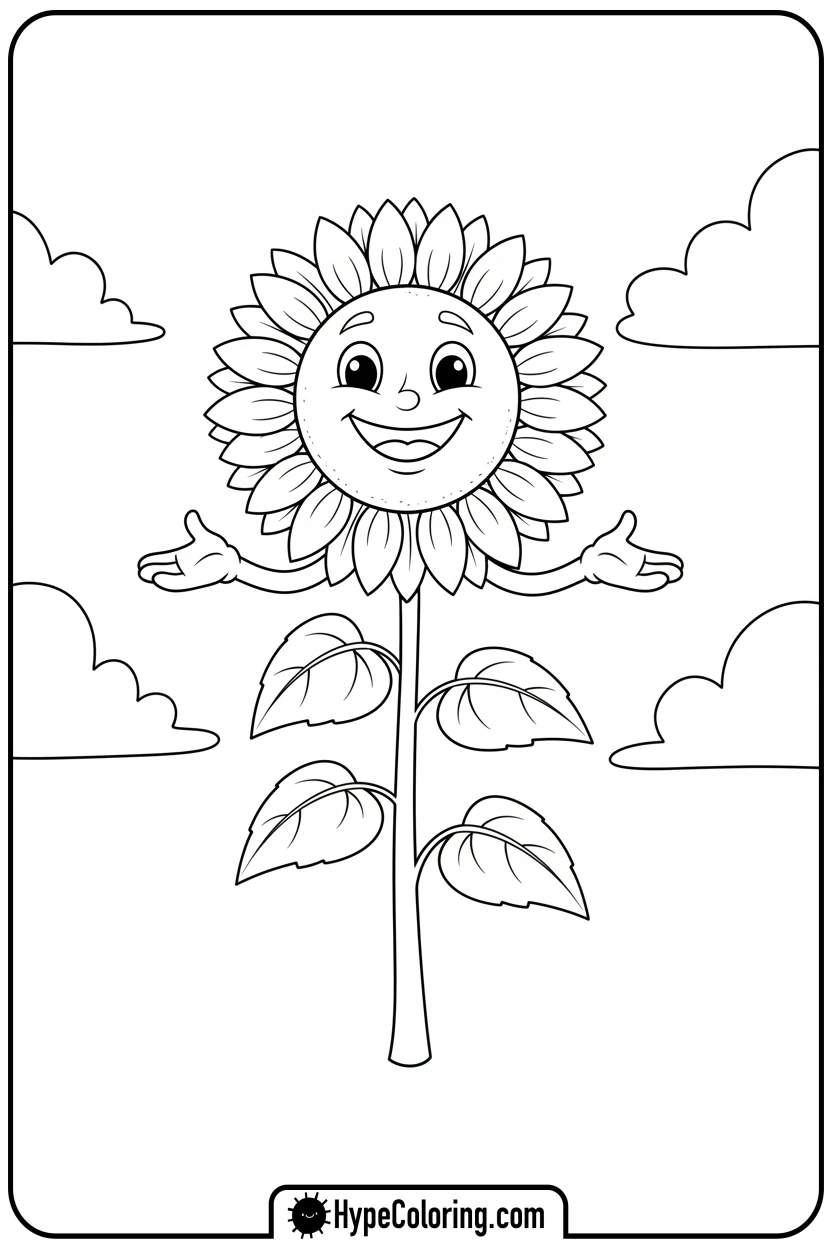 Click to download PDF happy-sunflower-with-open-arms - color page sunflower