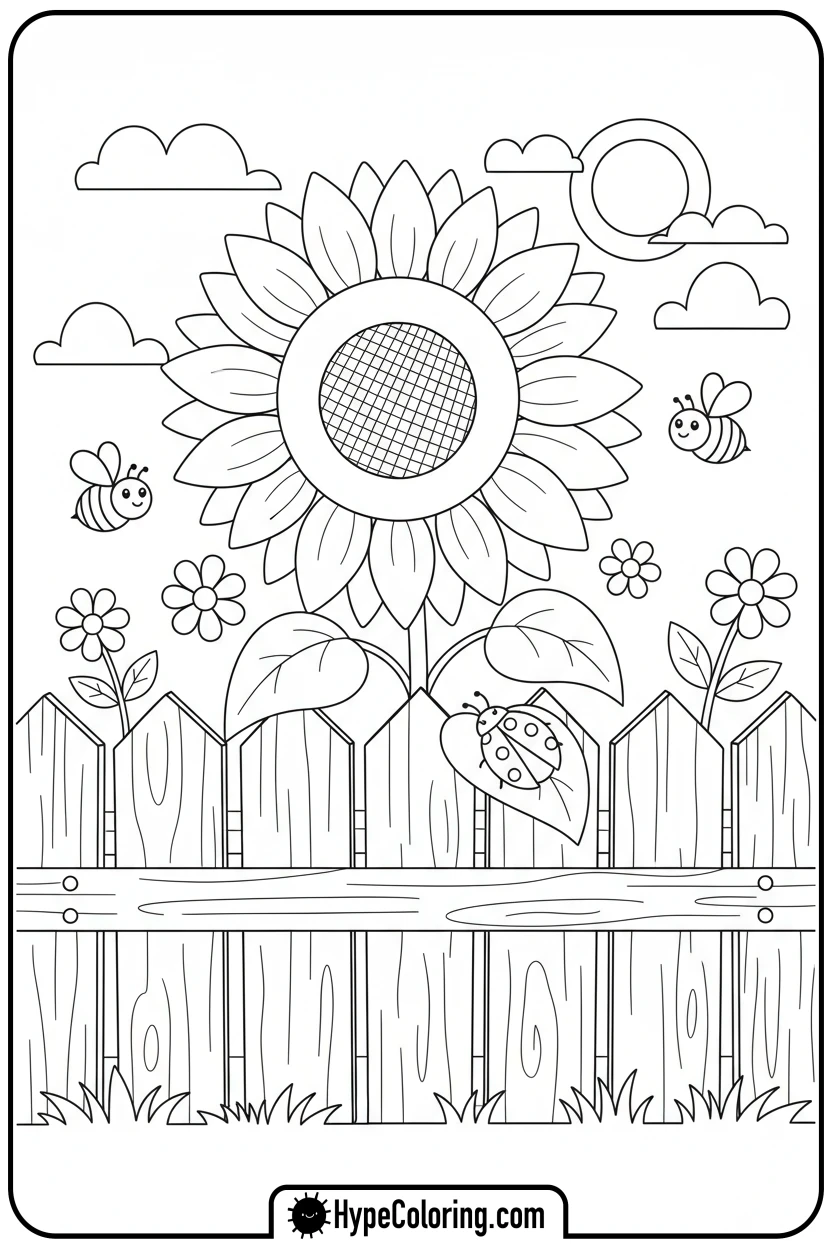 Click to download PDF sunflower-peeking-over-fence-with-ladybug - color page sunflower