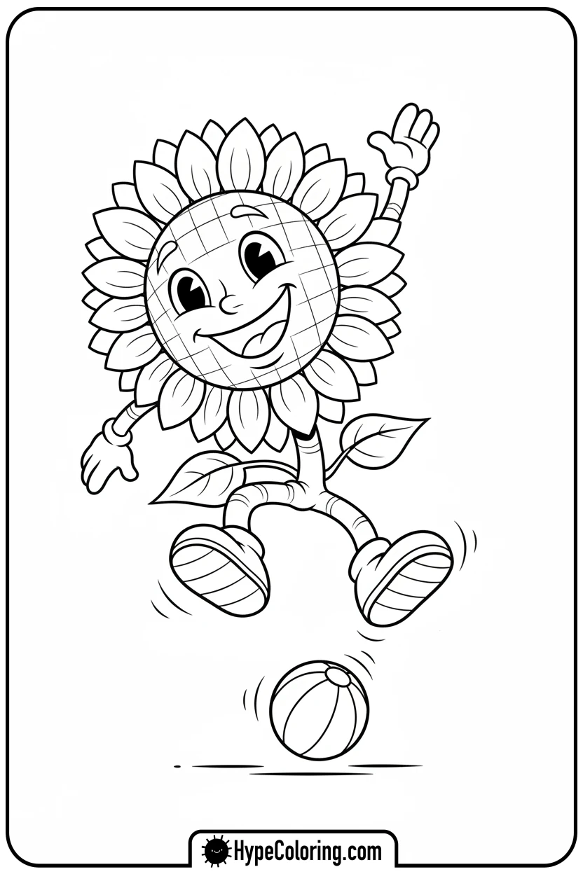 Click to download PDF joyful-sunflower-jumping-with-ball - color page sunflower