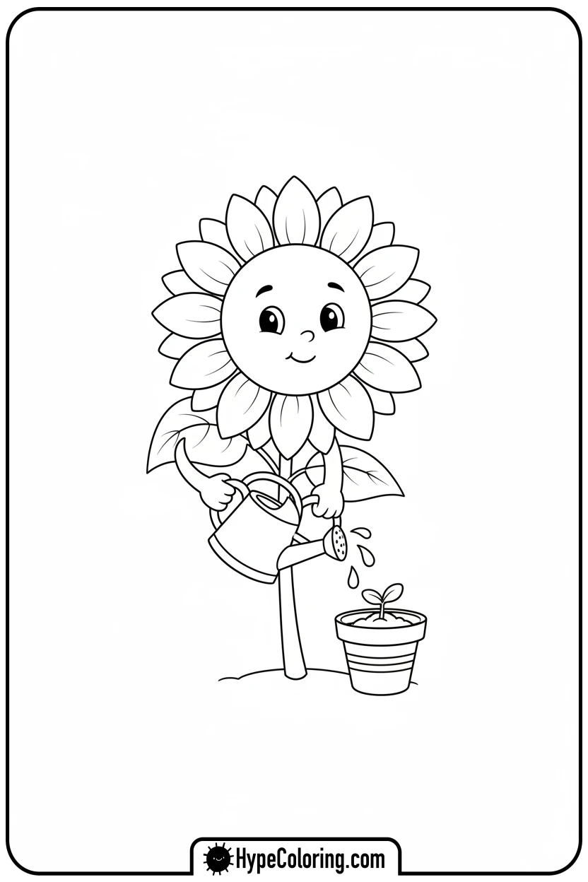 Click to download PDF sunflower-watering-a-small-sprout - color page sunflower