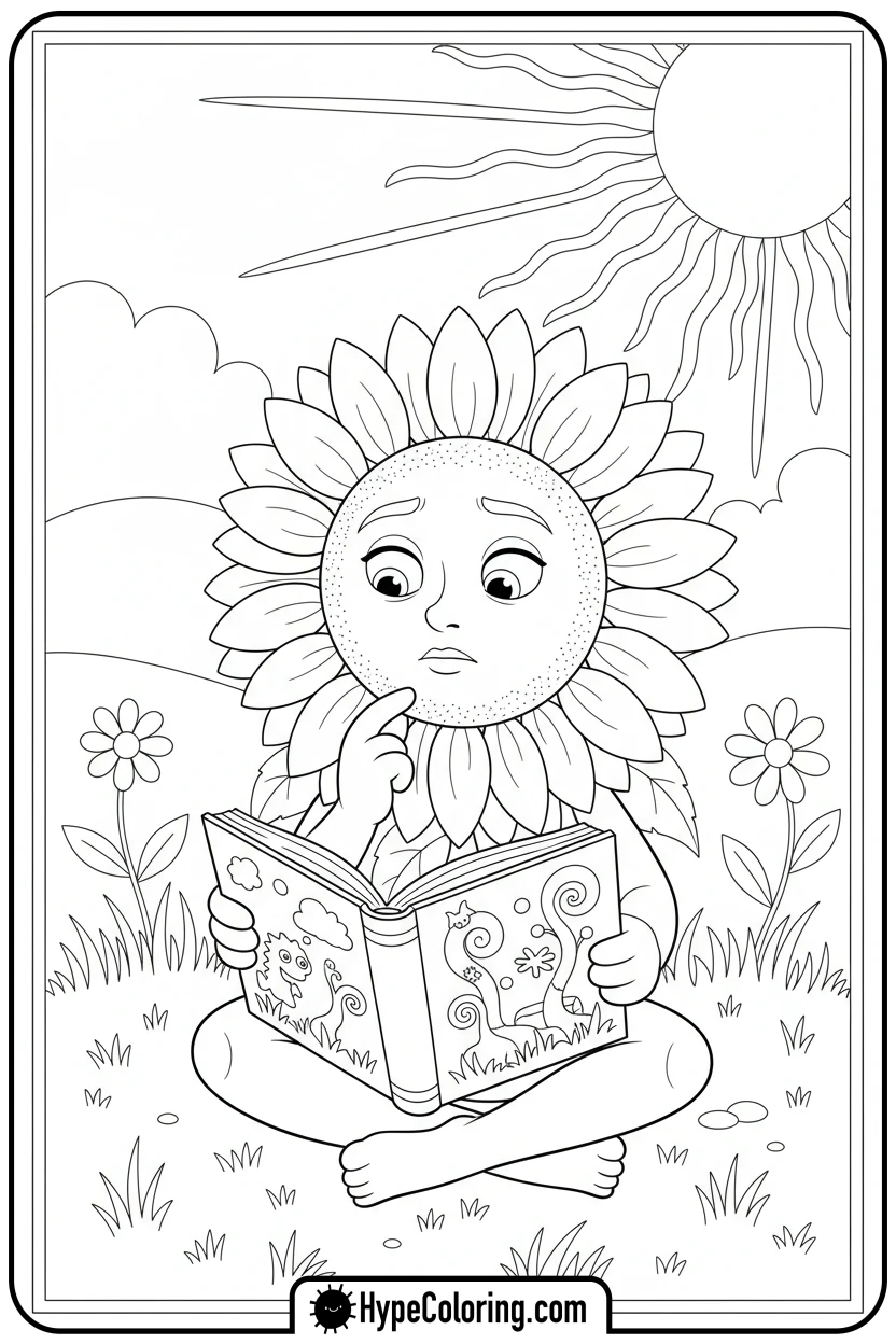 Click to download PDF sunflower-reading-a-storybook - color page sunflower