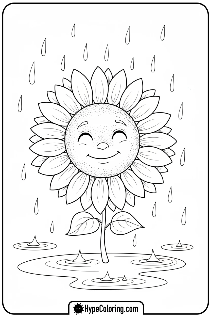 Click to download PDF sunflower-enjoying-gentle-rain - color page sunflower