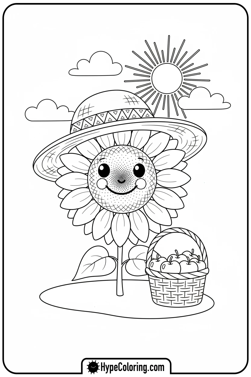 Click to download PDF sunflower-wearing-a-straw-hat - color page sunflower