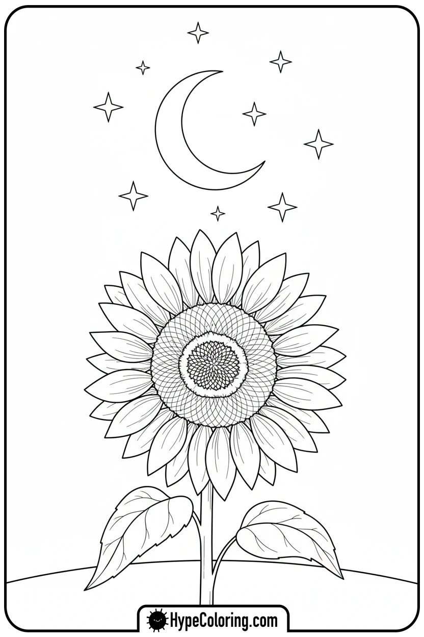 Click to download PDF sunflower-looking-at-moon-and-stars - color page sunflower
